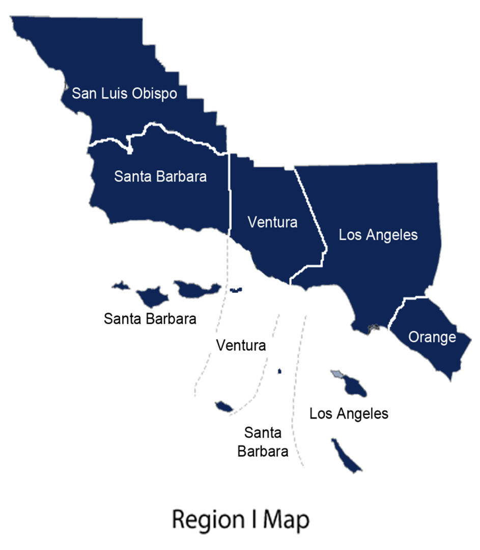Map of Region I in dark blue showing San Luis Obispo, Santa Barbara, Ventura, Los Angeles, and Orange counties, labeled and divided by white lines.