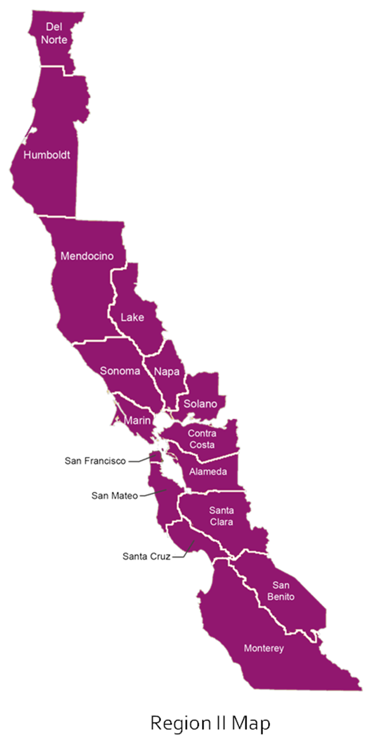 Purple map of California’s Region II, showing counties from Del Norte to Monterey. Counties are labeled, with a transparent grid background.